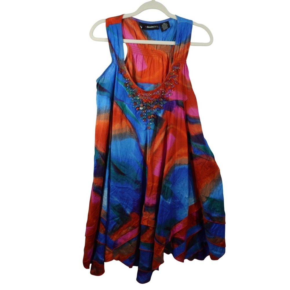 Denim24/7 Dress‎ Womens 12W Multicolor Tie Dye Maxi Sundress Sequin Beaded Boho